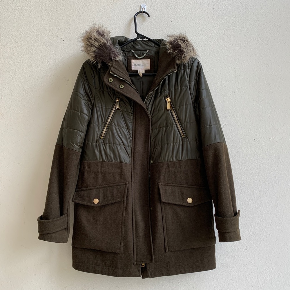 BCBGeneration Army Green w/Removable Faux Fur Trim Hooded Winter Trench